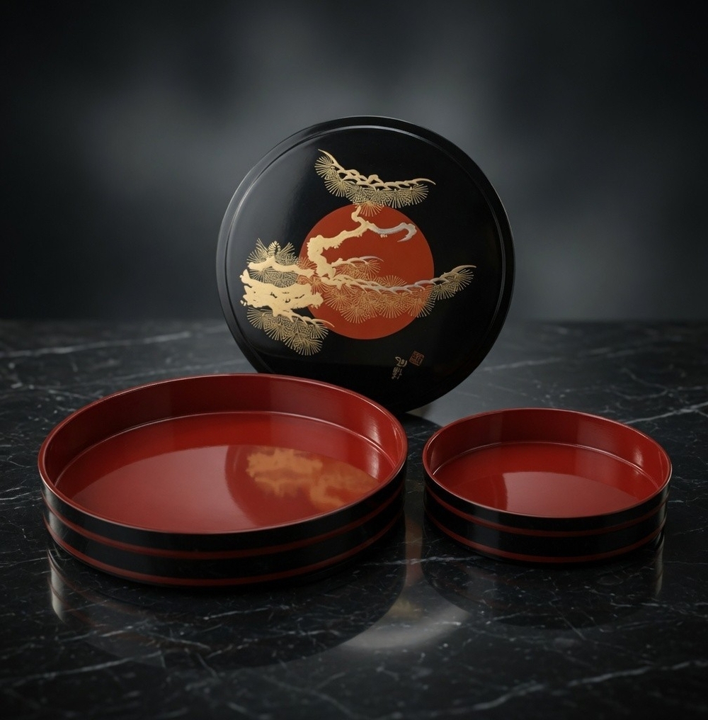 Vintage Japanese Urushi Lacquerware Sushi Oke Round Serving Set Lid 11.75" Sakai